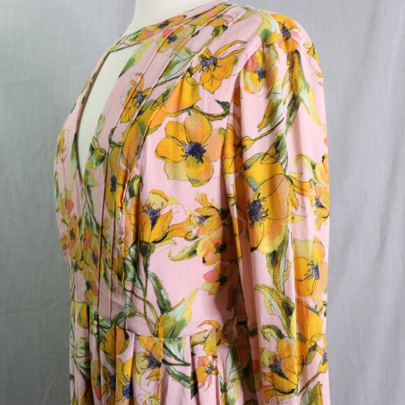 Free People Tegan Mini Dress 12 Pink Orange Floral Long Bell Sleeve V-Neck Pleat - Picture 9 of 16